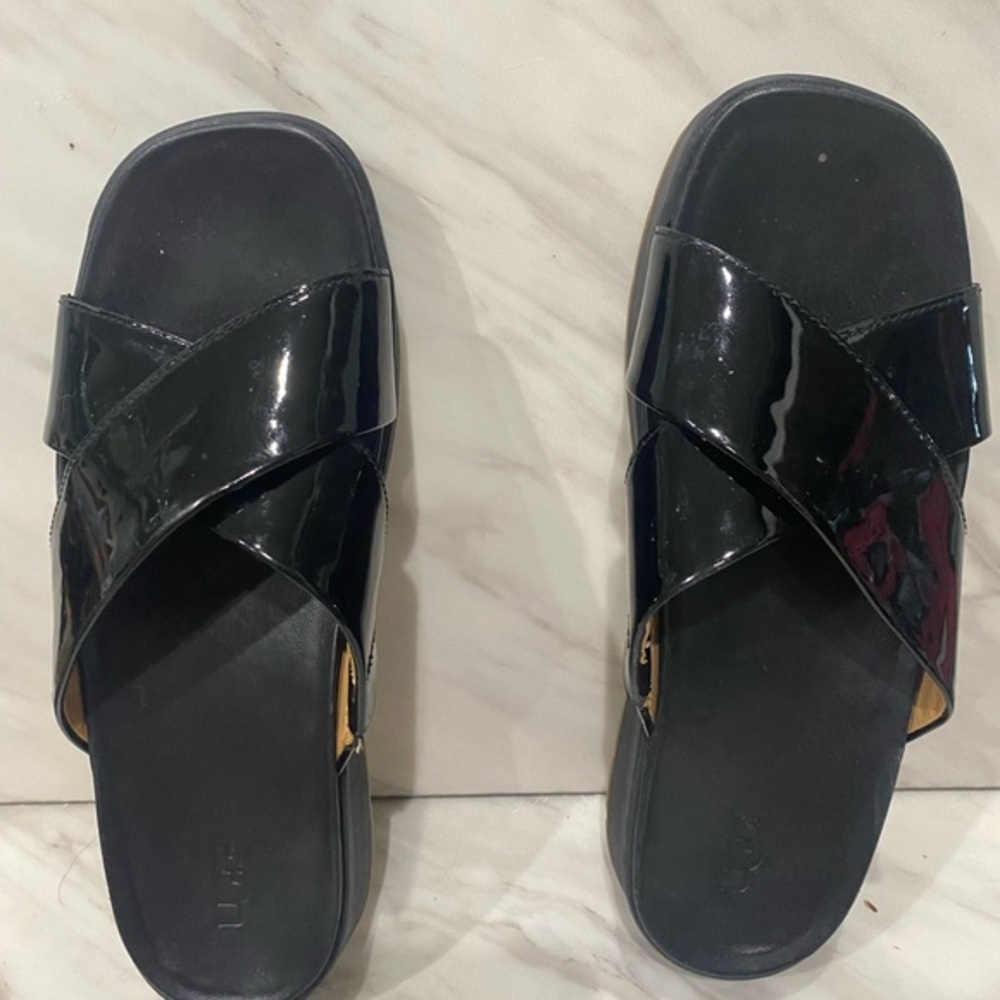 UGG Emily Women's Black Patent Leather Criss Cross Slide Sandals - Casual Summer